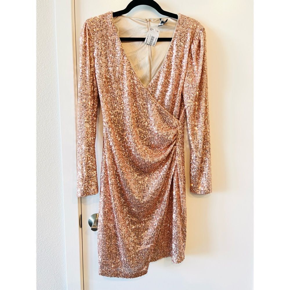 NWT Le Chateau Rose Gold Faux Wrap Sequin Mini Dress M